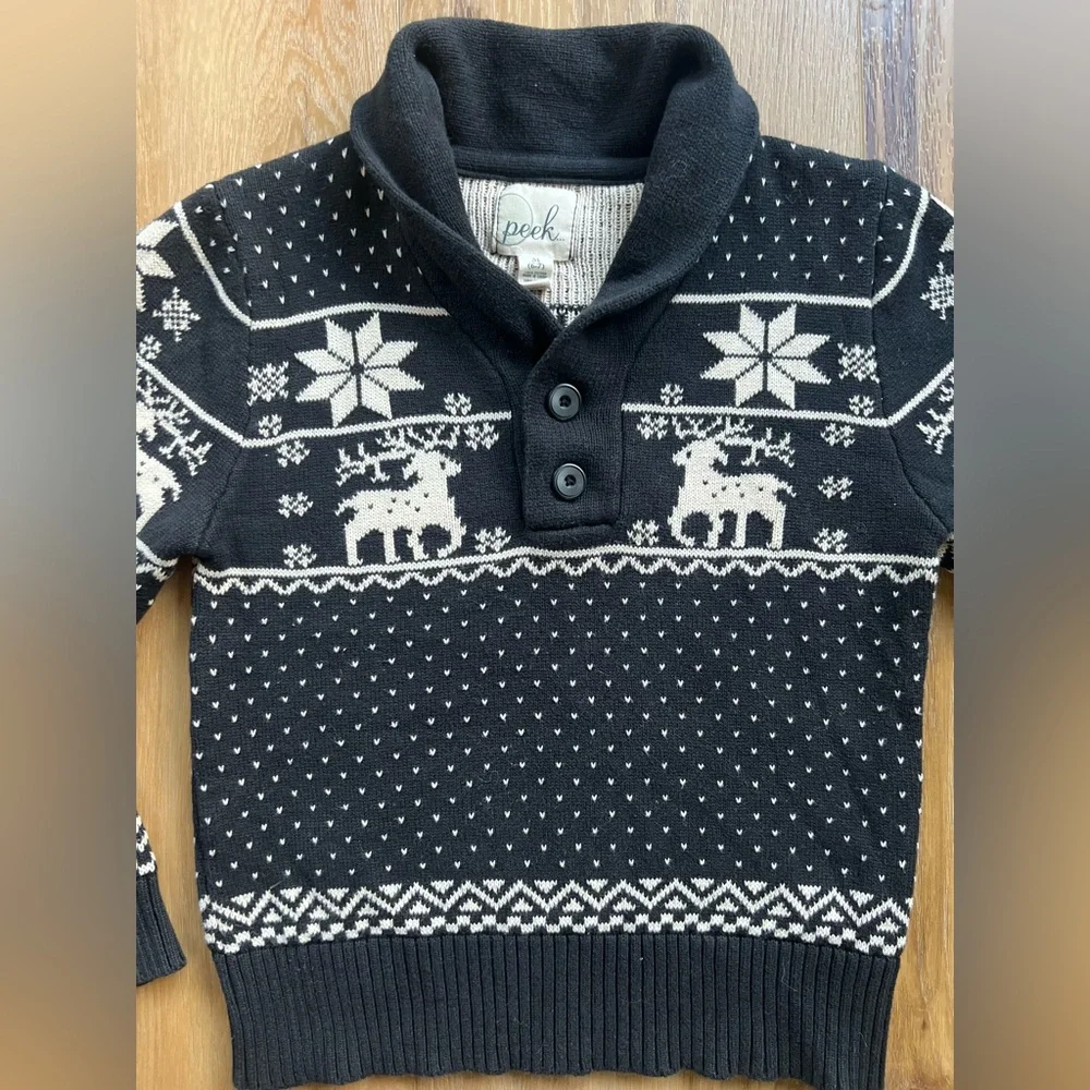 Peek Kids Fair Isle Reindeer Shawl Collar Sweater Black & Cream Medium 6–7 Years